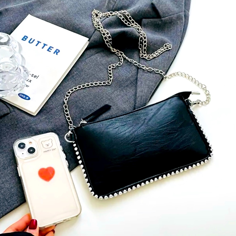 >SALE< New - Chic - Faux Leather Studded Envelope Crossbody Bag - Black